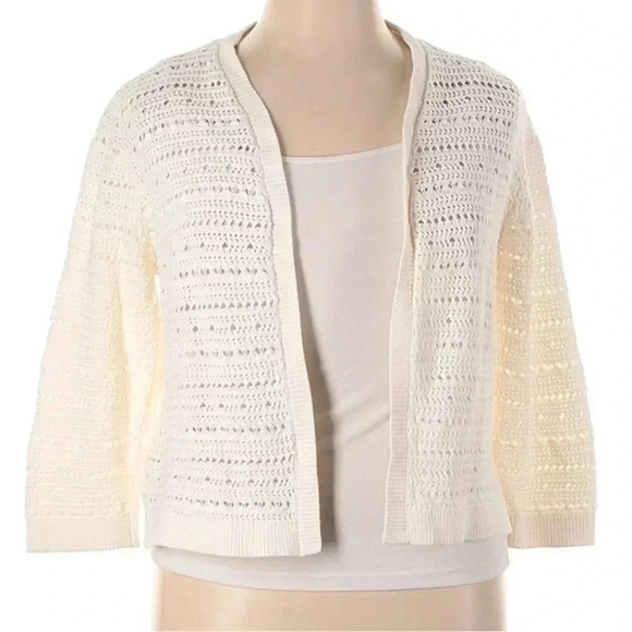 Ann Taylor Cream Knit Crochet Cropped Cotton Open Front Cardigan Size XL - Picture 1 of 2